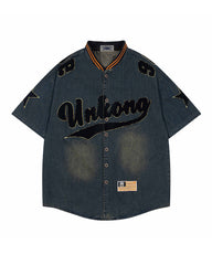 Distressed letter embroidered short-sleeved shirt