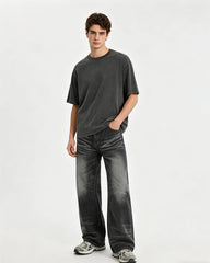 Distressed Wide-Leg Straight-Cut Trousers
