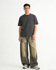 Washed distressed denim trousers