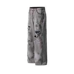 Distressed washed straight jeans