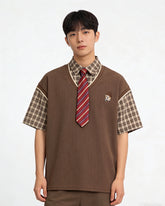 Faux two-piece spliced short-sleeved shirt