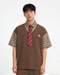 Faux two-piece spliced short-sleeved shirt