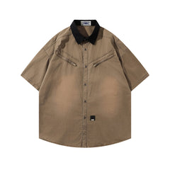 Retro patchwork short-sleeved shirt
