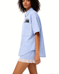Cat Embroidered Short-Sleeve Shirt