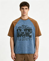 Retro color-blocked raglan sleeve short sleeve