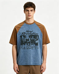 Retro color-blocked raglan sleeve short sleeve