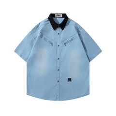 Retro patchwork short-sleeved shirt