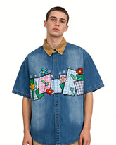 Floral appliqué short-sleeved shirt