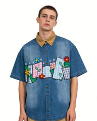 Floral appliqué short-sleeved shirt