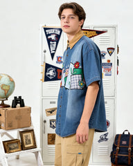 Floral appliqué short-sleeved shirt