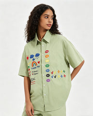 Retro fun cartoon embroidered shirt