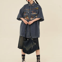 American vintage seaside embroidered denim shirt