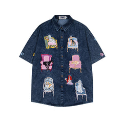 Dog Embroidered Denim Shirt