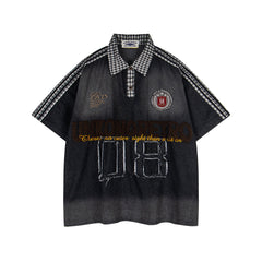 Washed patchwork short-sleeved shirt