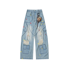 Washed leopard print jeans