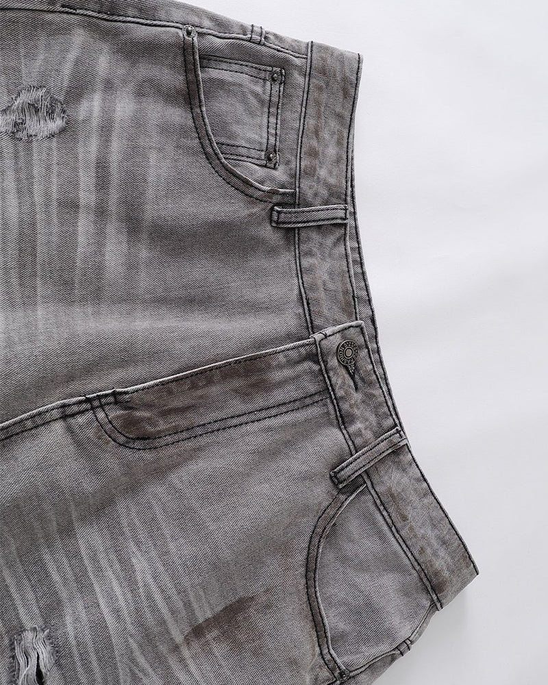 Distressed washed straight jeans
