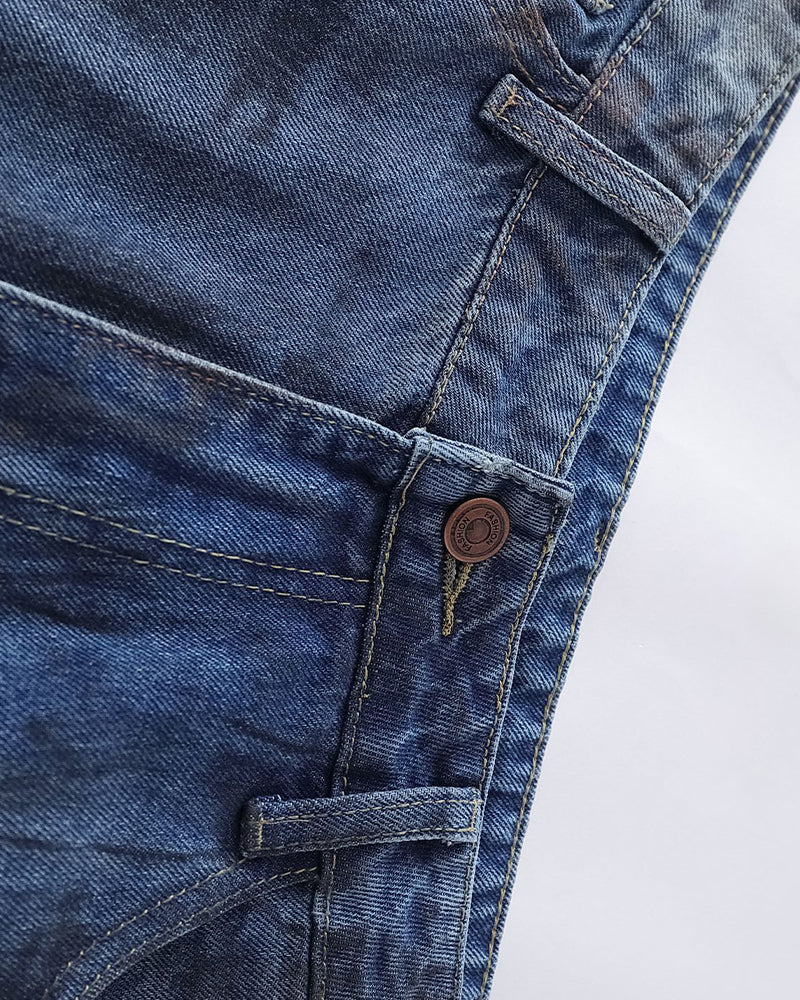 Washed denim straight pants
