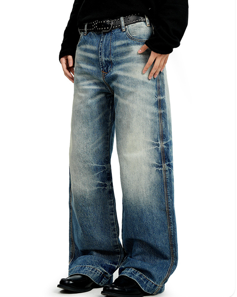 Distressed casual straight-leg pants