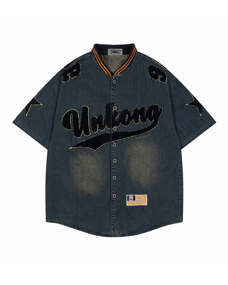 Distressed letter embroidered short-sleeved shirt
