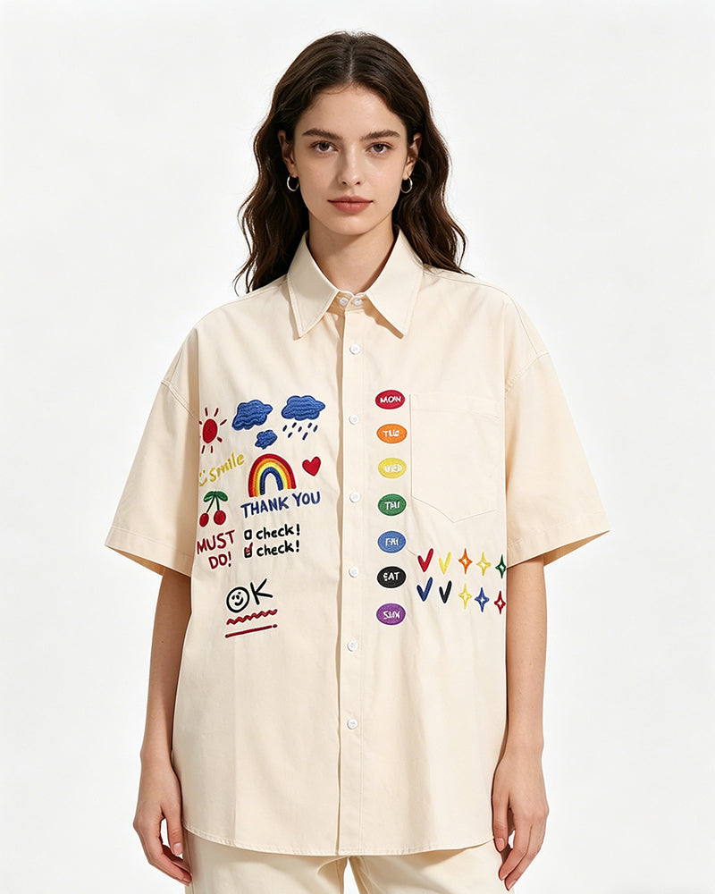 Retro fun cartoon embroidered shirt