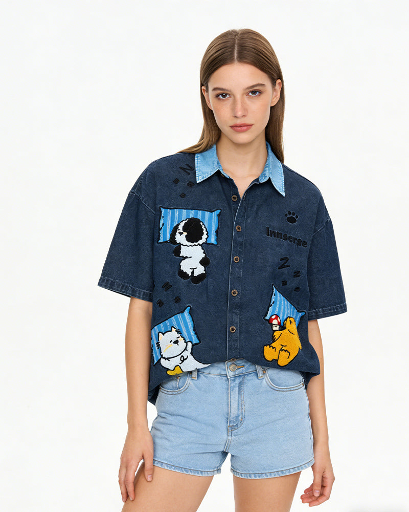 Cartoon Embroidered Short-Sleeve Shirt