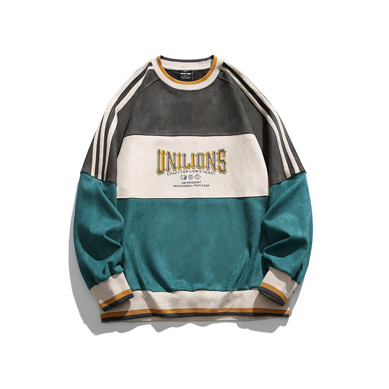 American retro contrast color patchwork crew neck sweatshirt