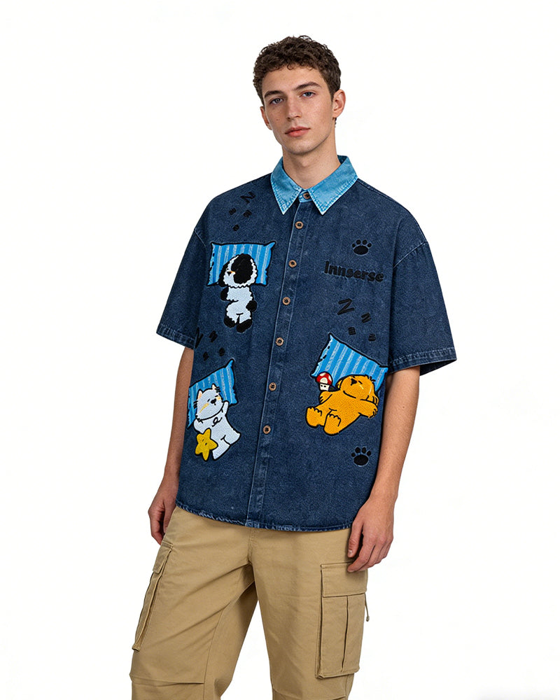 Cartoon Embroidered Short-Sleeve Shirt