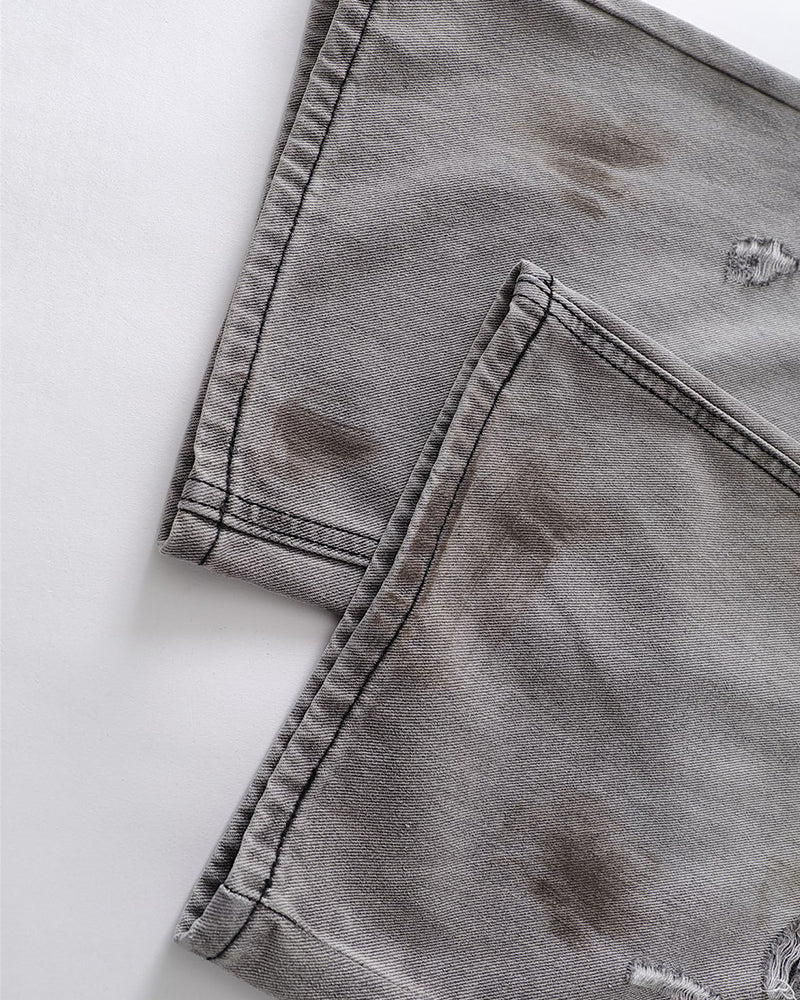 Distressed washed straight jeans