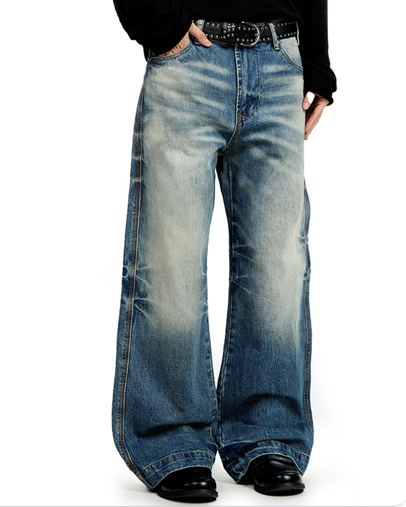 Distressed casual straight-leg pants