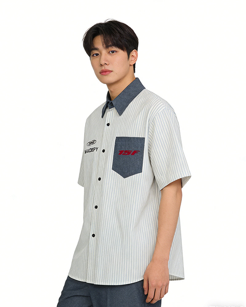 Vertical striped short-sleeved shirt