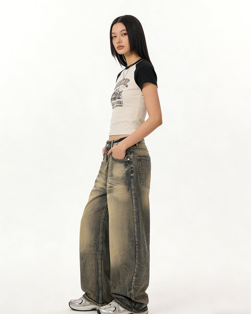 Washed distressed denim trousers