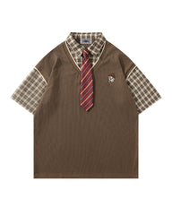 Faux two-piece spliced short-sleeved shirt