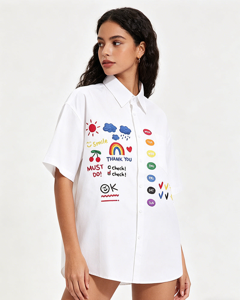 Retro fun cartoon embroidered shirt