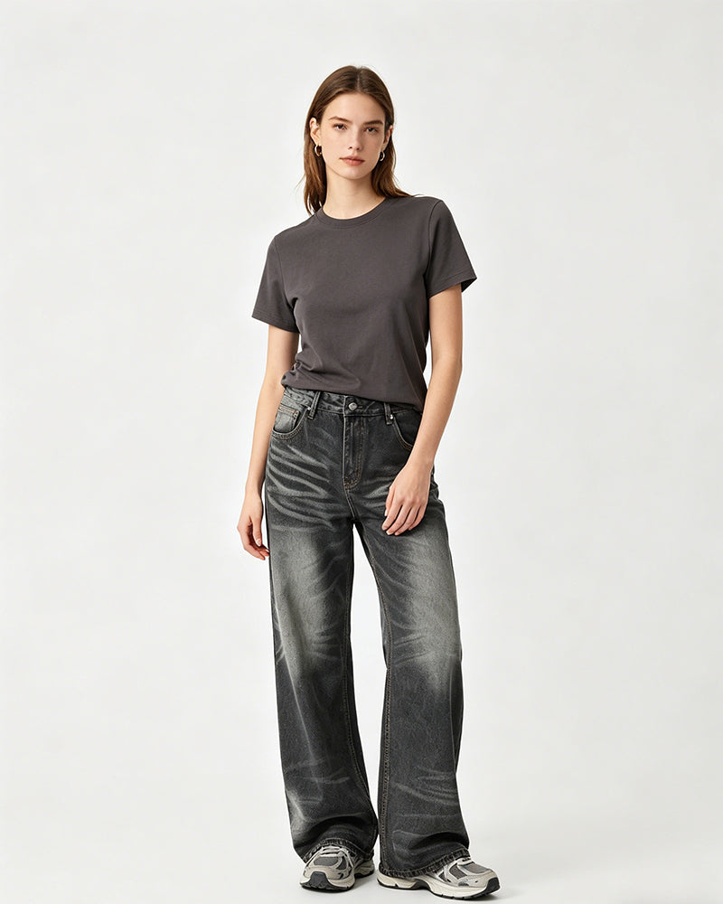 Distressed Wide-Leg Straight-Cut Trousers
