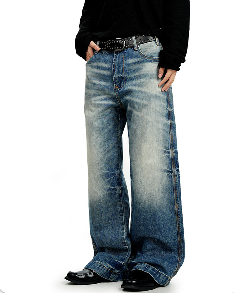 Distressed casual straight-leg pants