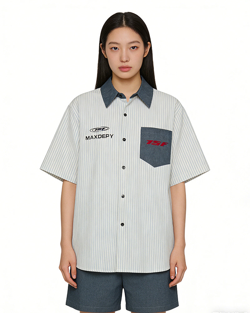 Vertical striped short-sleeved shirt
