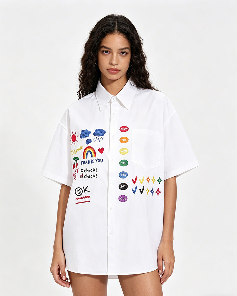 Retro fun cartoon embroidered shirt