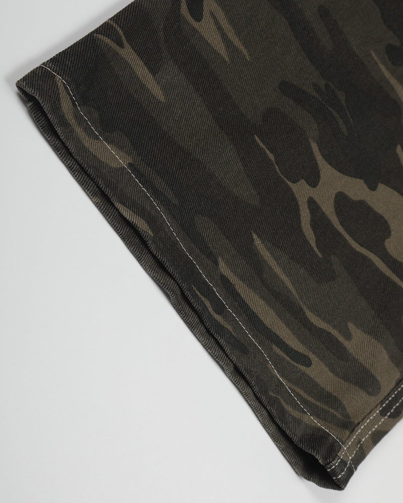 Distressed patchwork camouflage trousers