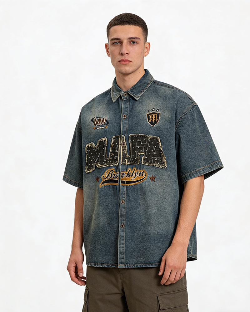 Distressed washed short-sleeved shirt