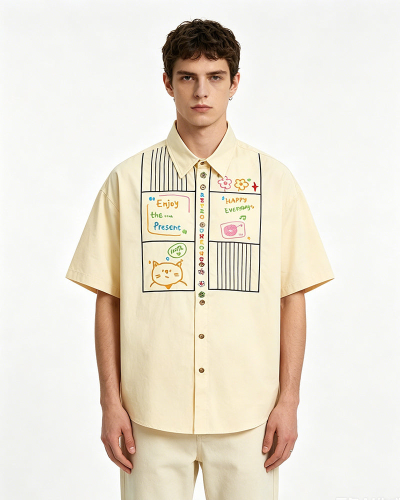 Cat Embroidered Short-Sleeve Shirt