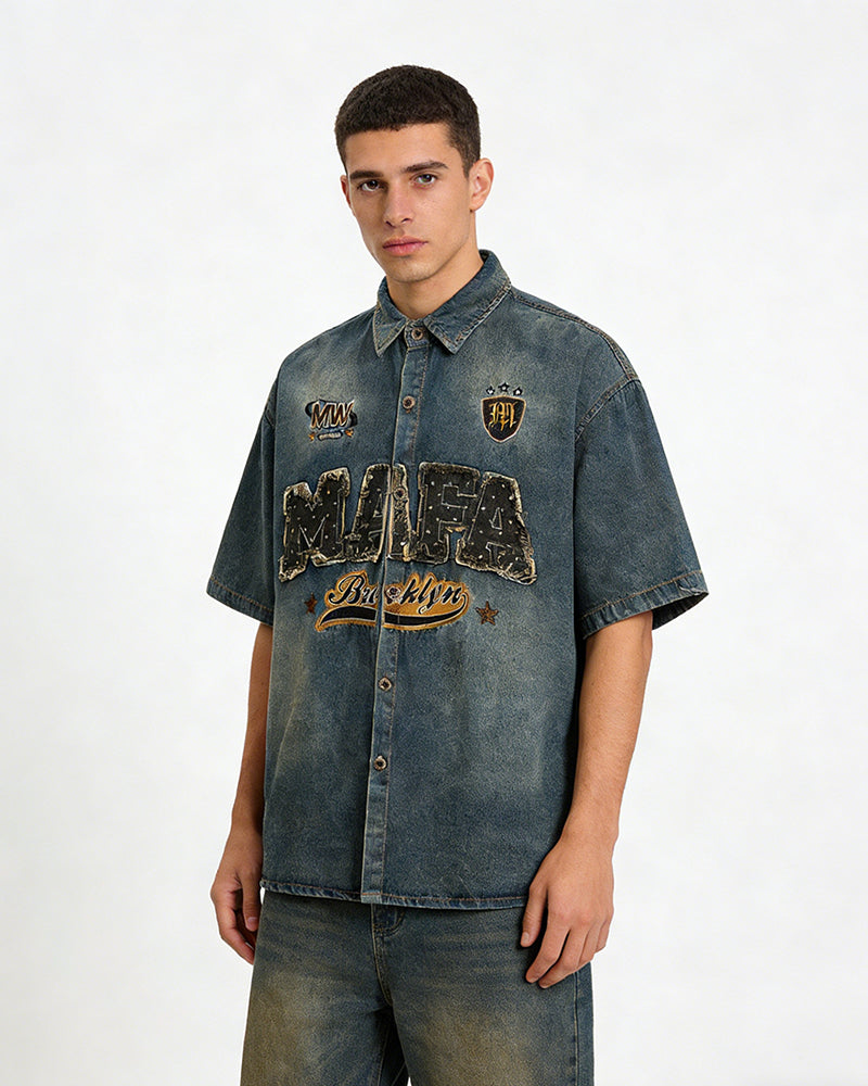 Distressed washed short-sleeved shirt