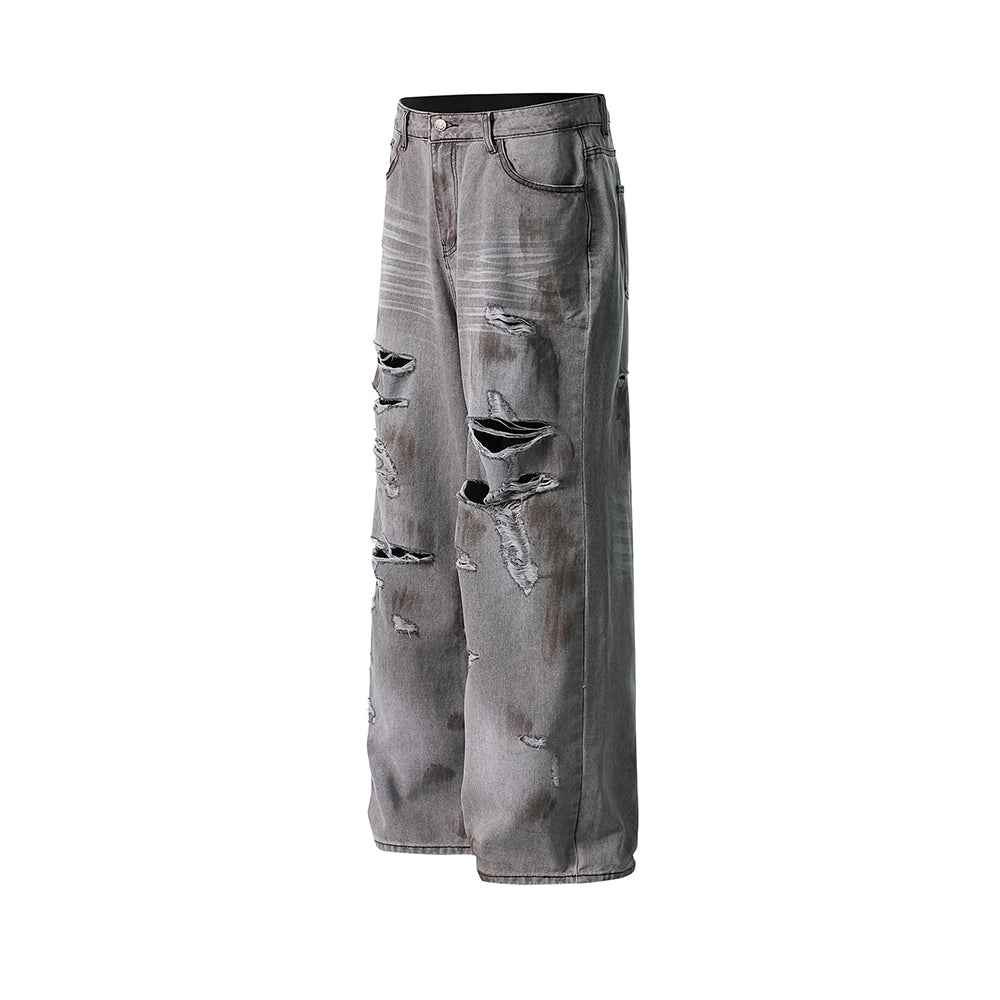 Distressed washed straight jeans