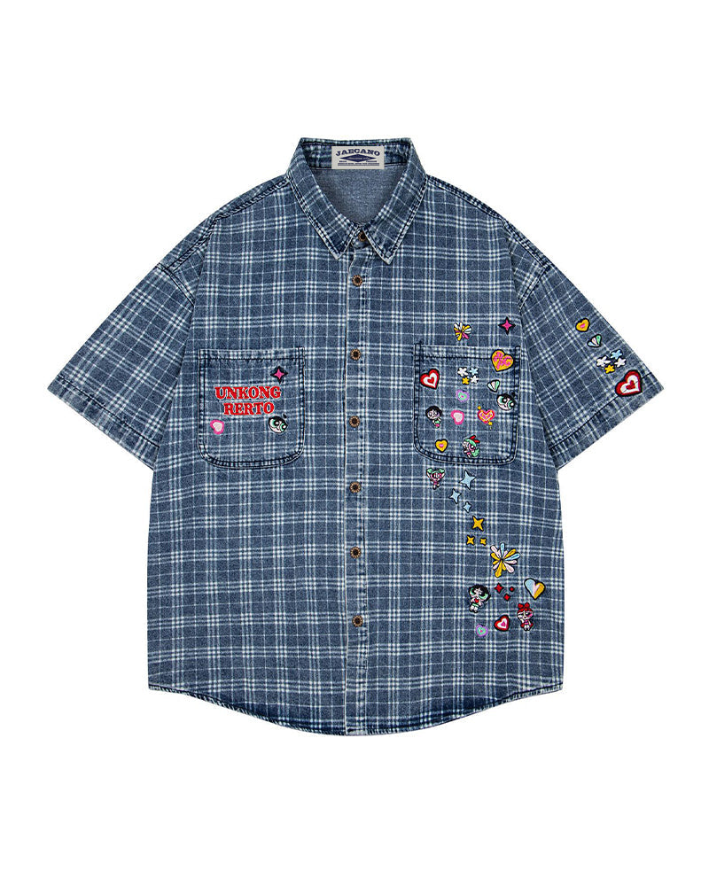 Embroidered plaid short-sleeved shirt
