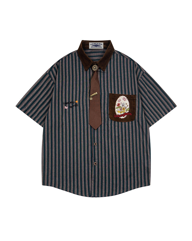 Embroidered color-blocked short-sleeved shirt