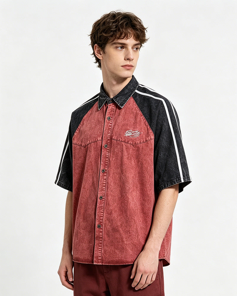 Distressed patchwork short-sleeved shirt