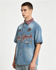 Retro color-blocked short-sleeved shirt