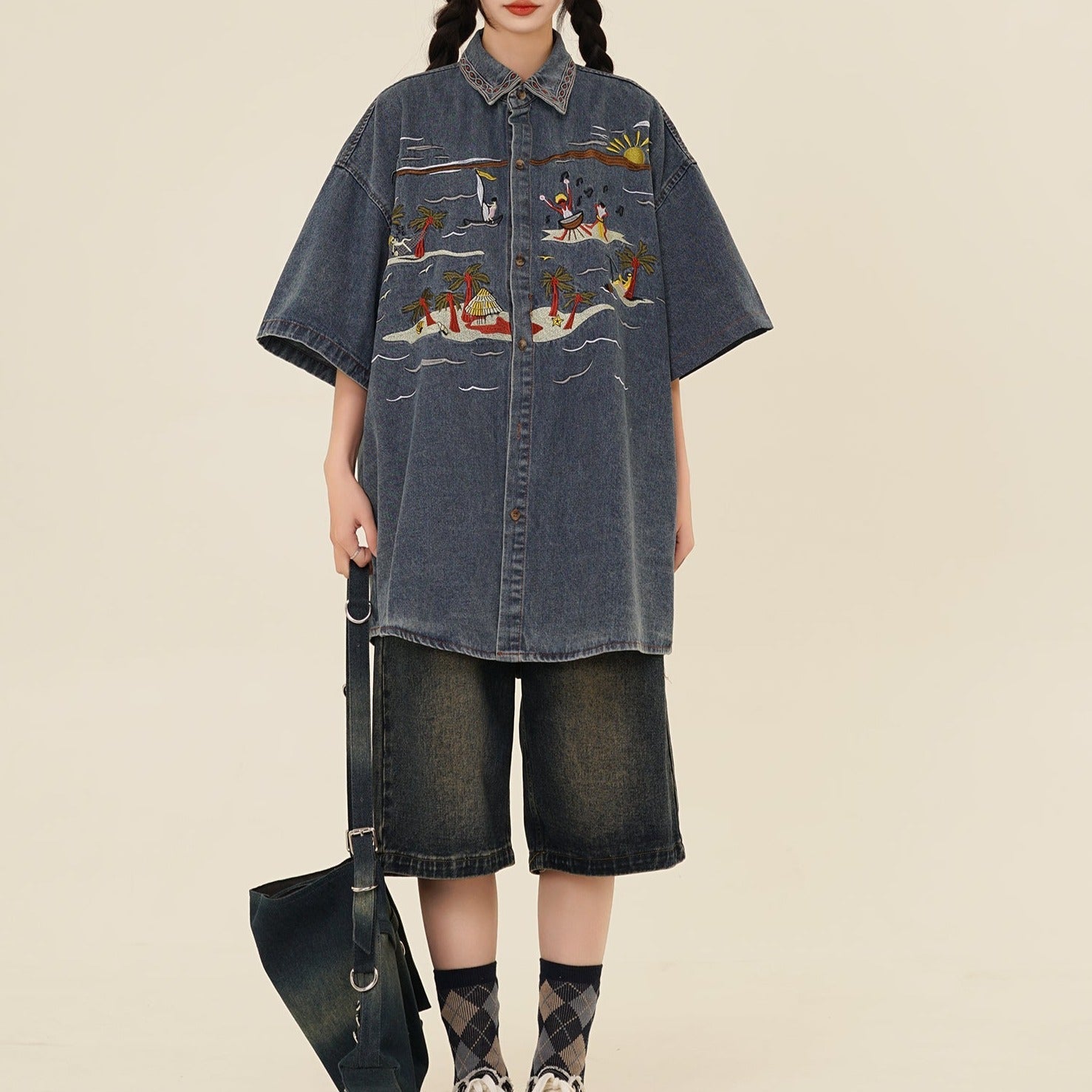 American vintage seaside embroidered denim shirt