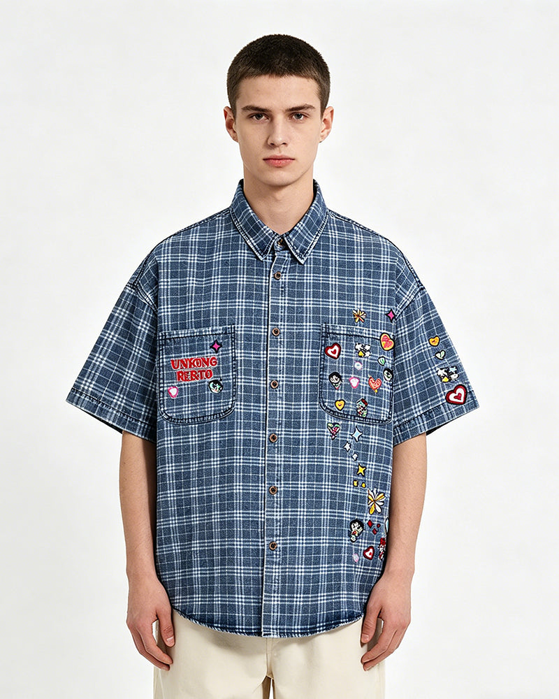 Embroidered plaid short-sleeved shirt