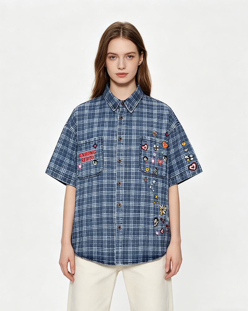 Embroidered plaid short-sleeved shirt