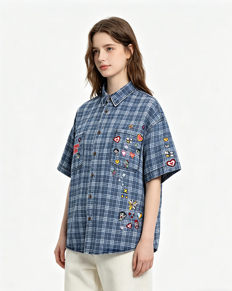 Embroidered plaid short-sleeved shirt